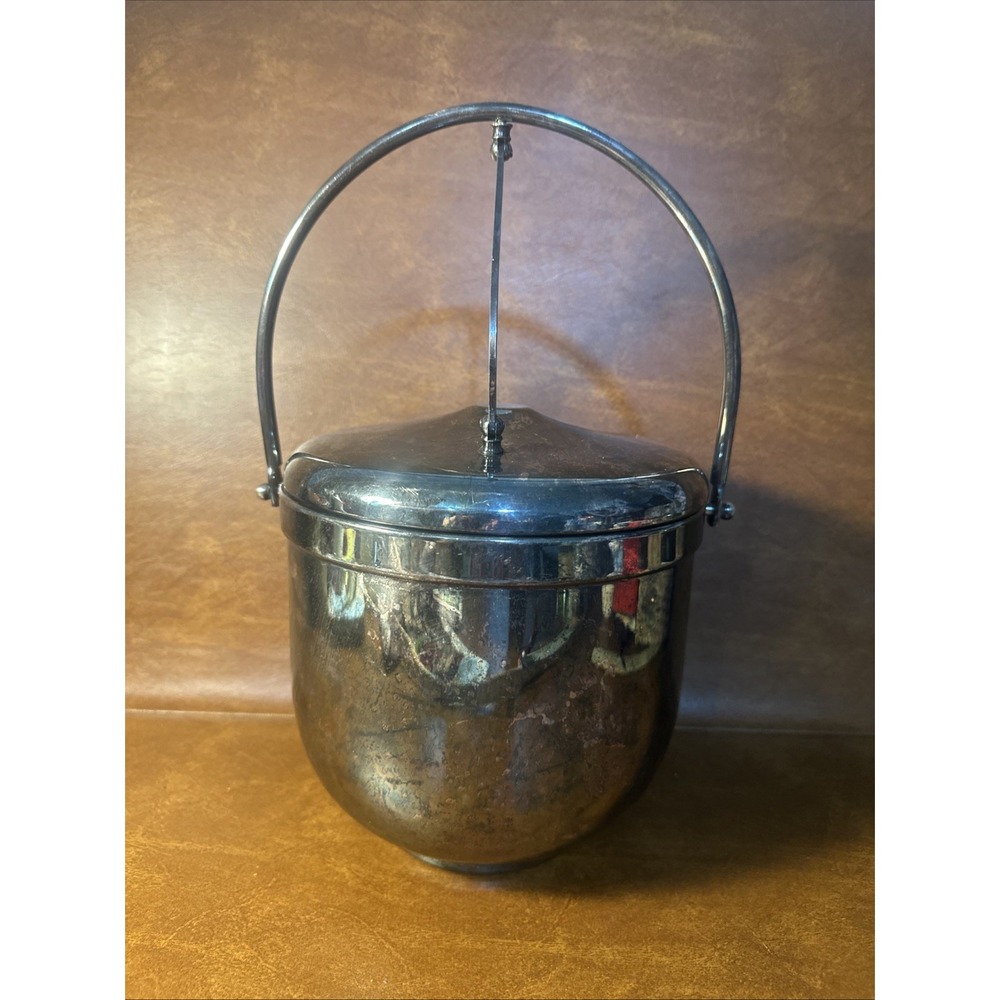 Vintage Silver Plated Mechanical Ice Bucket W Milk Glass, Swing Lid, Patina b